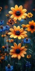 Vibrant orange and blue flowers blooming in a lush garden during late spring