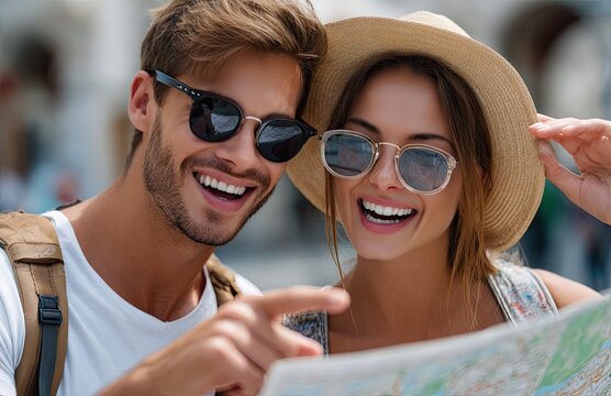 A young couple smiling and pointing at something on their map while traveling, wearing sunglasses and carrying backpacks.