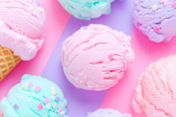 Colorful pastel ice cream scoops composition for summer dessert concept