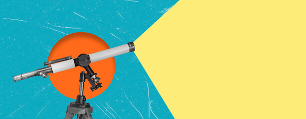 Telescope aimed at an orange sun during twilight hours in a clear evening sky, art collage © beast01