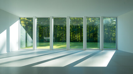 Fototapeta premium Modern Architecture with Nature's Embrace: An empty room, bathed in sunlight streaming through panoramic windows, showcasing a vibrant green landscape and the interplay of light and shadow. 