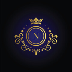 Sophisticated letter N logo with golden crown swirls and blue background for exclusive brand identity