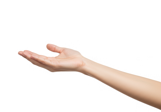 A womans open hand with palm up is isolated on transparent background - Powered by Adobe
