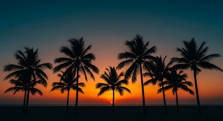 Naklejka premium Palm trees silhouette at sunset beach tropical vacation orange sky travel destination photography 100