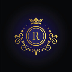 Sophisticated letter R logo with golden crown swirls and blue background for exclusive brand identity