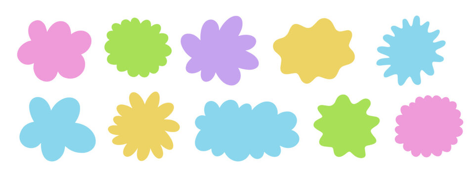 Various cloud blotch in flat style. Flower funny blobs. Simple and playful doodle flower shape