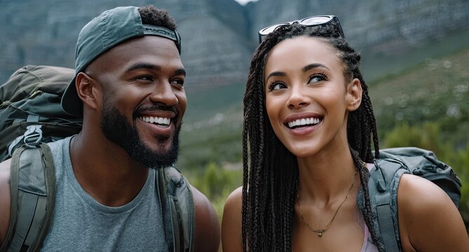 A man and woman hiking in Cape Town, smiling at each other with their backs to the camera