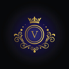 Sophisticated letter V logo with golden crown swirls and blue background for exclusive brand identity