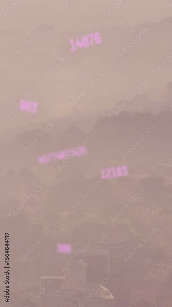 Poster animation of multiple changing numbers floating against aerial view of cityscape