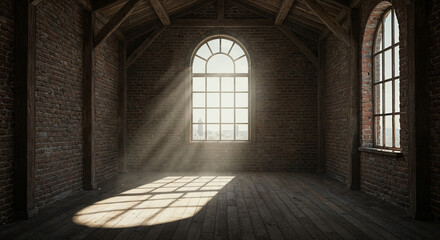 Sunlit Attic Room with Brick Walls and Wooden Beams