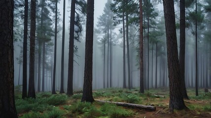 Obraz premium A dense forest with tall trees shrouded in mist creating a serene and atmospheric environment scene view