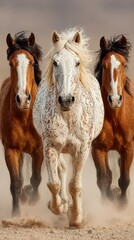 Three horses galloping through dusty landscape in dramatic light at midday on a clear day