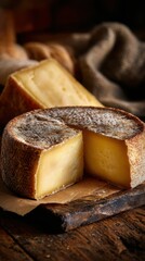 Cheese wheel with a perfect cut displayed on a rustic wooden board in warm light