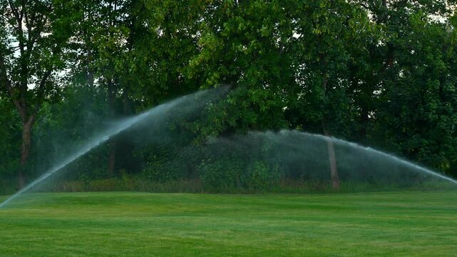 Maintenance of green artificial lawn and automatic watering and irrigation system.
Green well-groomed territory is watered with water from an automatic watering system