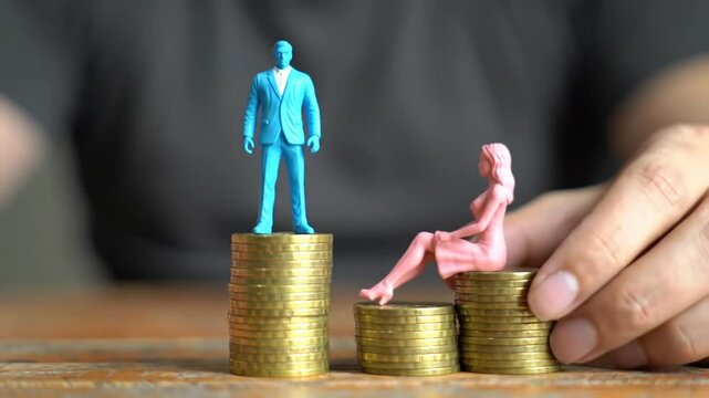 Gender Inequality Theme with Blue Male Figure Higher Than Pink Female on Coin Stacks