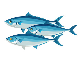 Three stylized blue fish swimming together in a school against a white background

