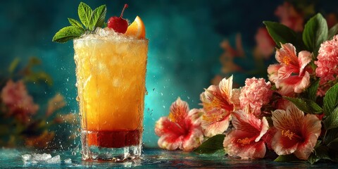 Refreshing tropical cocktail garnished with fruit and mint leaves in a vibrant setting