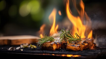 Grilling delicious herb-infused salmon steaks in a backyard barbecue setting capturing culinary magic and outdoor vibes