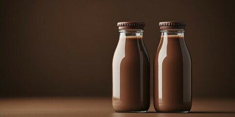 Two glass bottles of chocolate milk set against a dark brown background in a minimalist setting