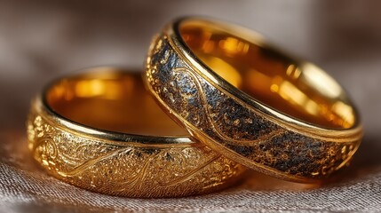Elegant gold wedding rings with intricate carvings showcased on soft fabric background during daytime