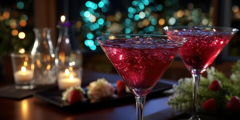 Cocktails served with elegant decoration in a city skyline setting during a festive evening moment