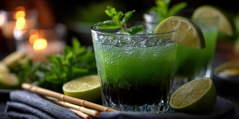 Refreshing mint and lime beverage served in a glass with mint leaves and lime slices on a dark table