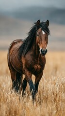 Brown horse running through golden grass under an overcast sky in a rural landscape