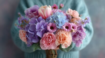Beautiful bouquet of colorful flowers held by a person in a cozy sweater during a soft, light-filled indoor setting