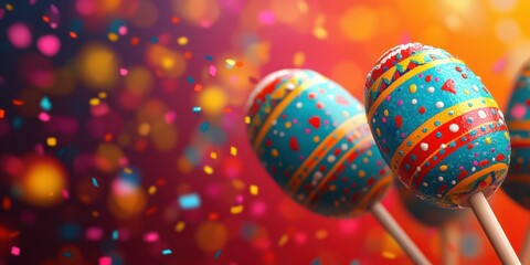 Colorful decorated eggs against a vibrant backdrop with confetti celebrating a festive occasion