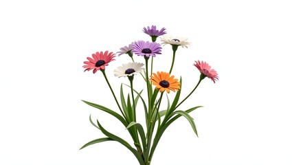Photorealistic image of an Osteospermum colorful plant isolated on white. Daisy-like bloom with colorful petals and dark center. Botanical macro with soft light and natural detail.