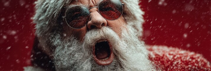 Santa Claus joyfully celebrating Christmas with snow and red background during a winter holiday event