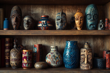 古代の響き：木と土の温もりを感じる民族アートディスプレイ