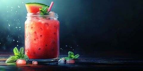 Refreshing watermelon drink served with mint in a darkened background