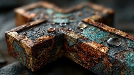 Worn cross with raindrops on surface showcasing texture and color variation in a close-up view