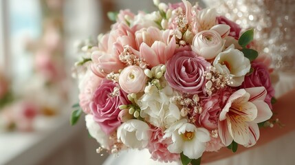 Stunning bridal bouquet featuring pink roses and white flowers for a romantic wedding day celebration