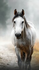 Majestic white horse walks confidently down a misty trail in a serene forest setting during early morning hours