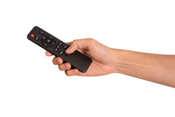 Hand holding remote control isolated on isolated on transparent PNG.