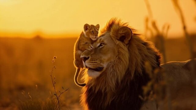 Father and Baby Lion in the Wild at Sunset