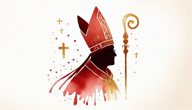 Watercolor illustration of bishop with crosier and mitre religious art design