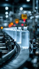 Water bottles moving along a conveyor belt in a production facility during the evening hours with blurred lighting effects in the background
