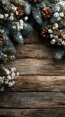 Rustic winter arrangement with pinecones and frosty foliage on wooden table