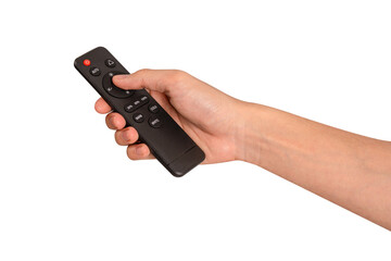 Hand holding remote control isolated on isolated on transparent PNG.