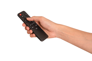 Hand holding remote control isolated on isolated on transparent PNG.