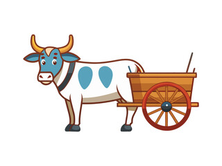 Cartoon bullock with blue spots pulling a wooden cart with red wheels on white background
