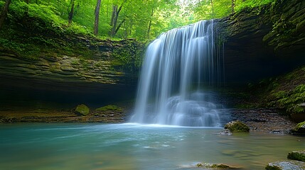 Serene Waterfall Cascading Into a Calm Pool Amidst Lush Greenery Reflecting Natural Beauty