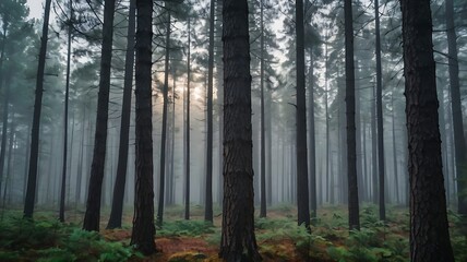 Obraz premium A dense forest with tall trees and a misty atmosphere creating a sense of depth and tranquility seen