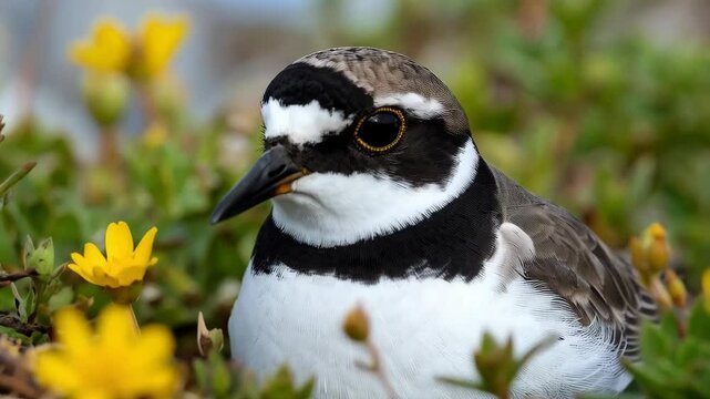 Close-up portrait of a Killdeer bird nestled among vibrant yellow flowers and lush green foliage in a natural environment.