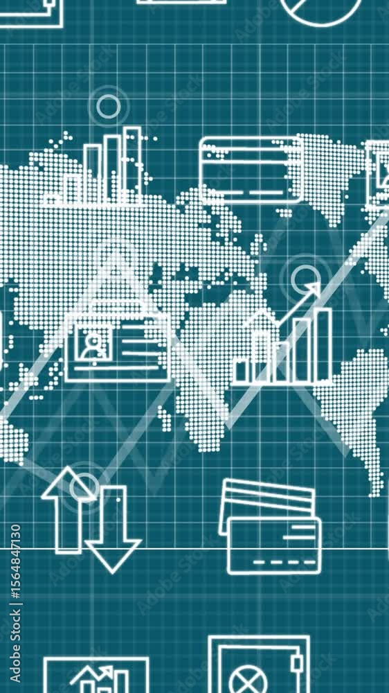 Poster animation of multiple icons over graphs and map against blue background