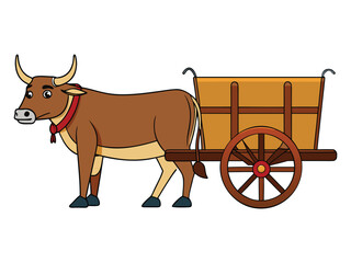 Cartoon brown ox with horns wearing a red collar pulling a wooden cart on white background
