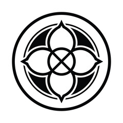 Circular floral emblem with geometric center silhouette vector illustration